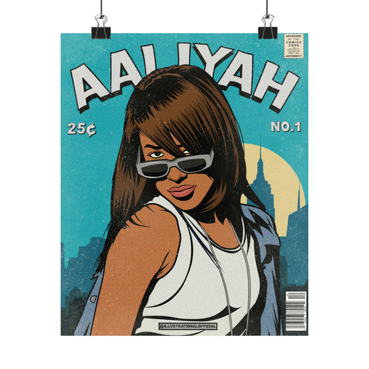 aaliyah comic style illustration art poster high quality art, 90s pop, queen of pop , 90s style , musicians Premium Matte Vertical Posters