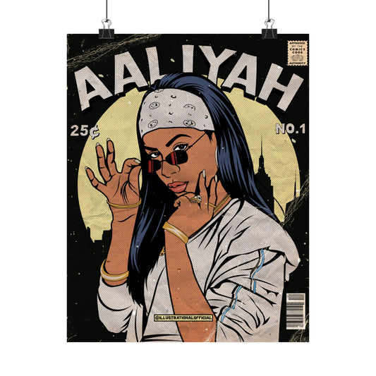 aaliyah comic style illustration art tshirt high quality art, 90s pop, queen of pop , 90s music singer style art Matte Vertical Posters