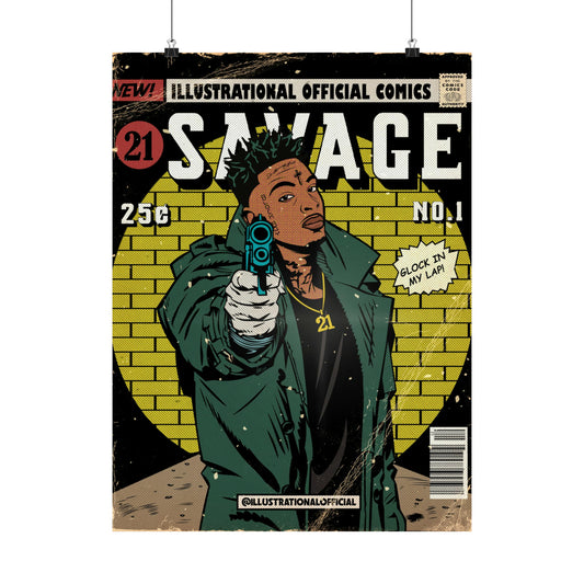 21 savage glock in my lap comic wall art poster, high quality comic art vintage effects, rappers posters Premium Matte Vertical Posters