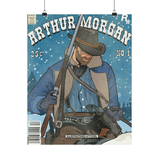 arthur morgan red dead redemption comic style art, snow mountains, gaming art, cowboy outfit, john marston , Premium Matte Vertical Posters