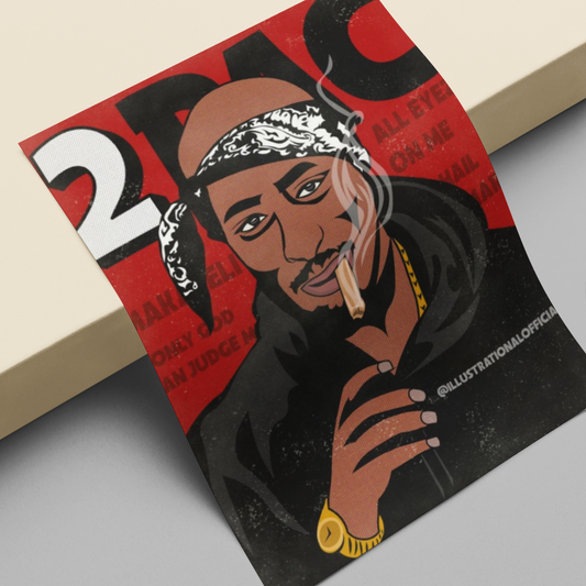 2pac legendary hip hop rapper comic style illustration art poster 90s rappers , all eyez on me, makaveli, Premium Matte Vertical Posters